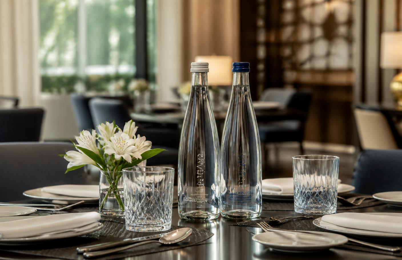 Orquastill glass bottles on a fine dining table setting