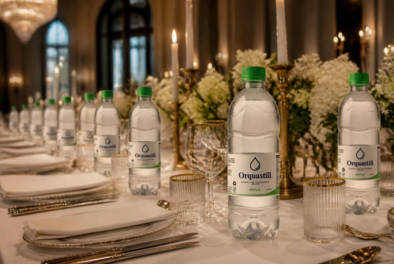 A banquet table set with Orquastill frosted glass bottles and candlelight