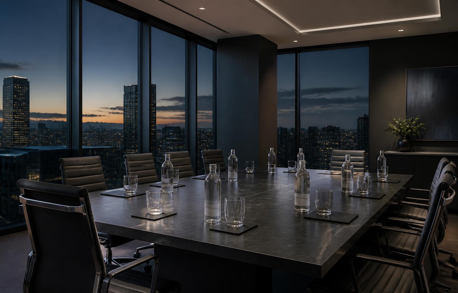 A boardroom set with Orquastill bottles and glasses overlooking a city skyline at dusk