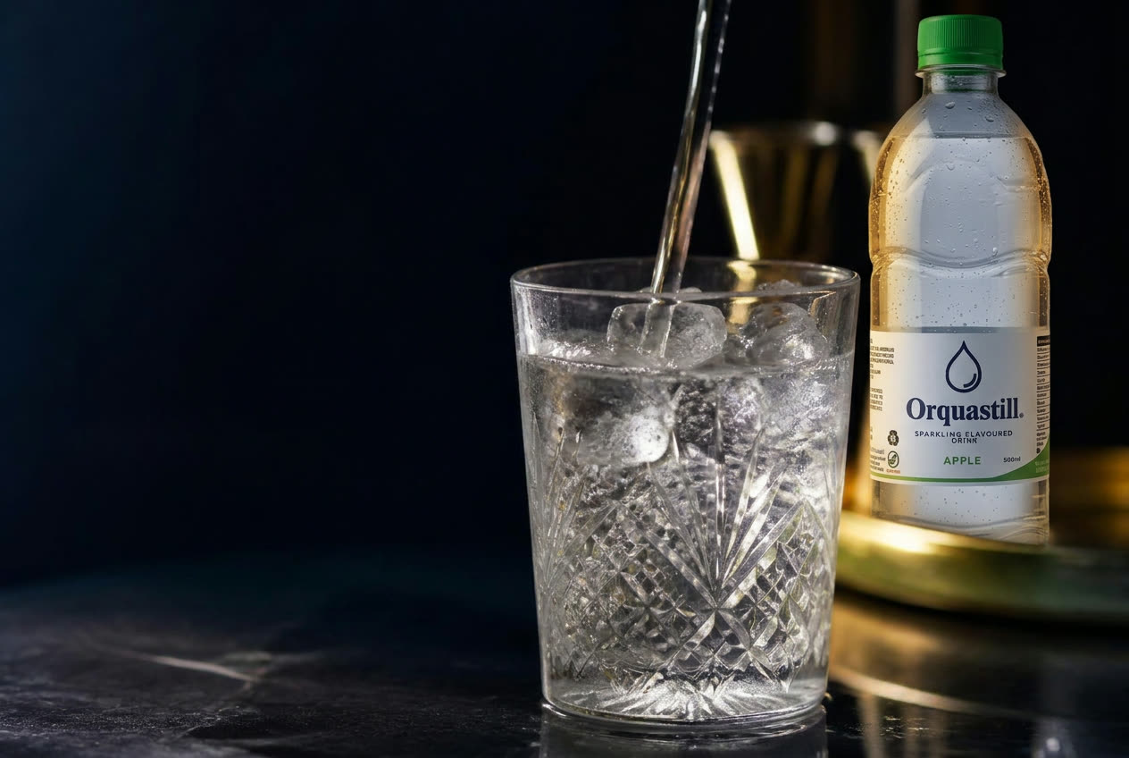 Chilled crystal glassware being filled with sparkling water over ice